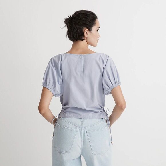 NWT Madewell Embroidered Poplin Puff-Sleeve Cutout Crop Top Blue S - Picture 3 of 16